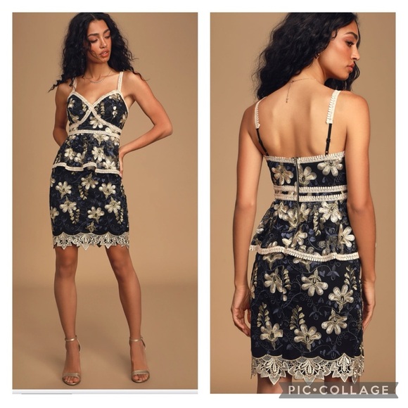 Lulus Karina Black & Blue Floral Embroidered Peplum Dress Size Small - Picture 1 of 14